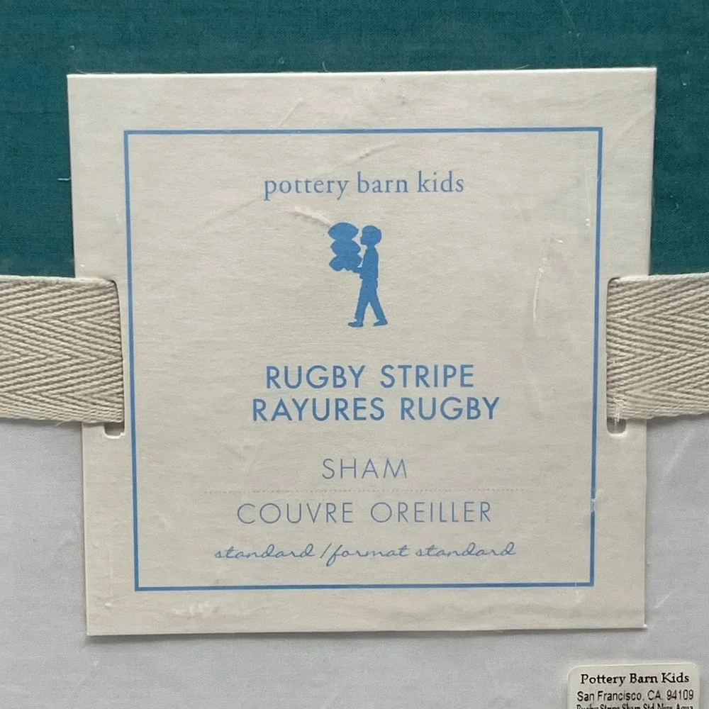 Pottery Barn Kids Rugby Stripe Standard Sham New Aqua Blue White Rayures